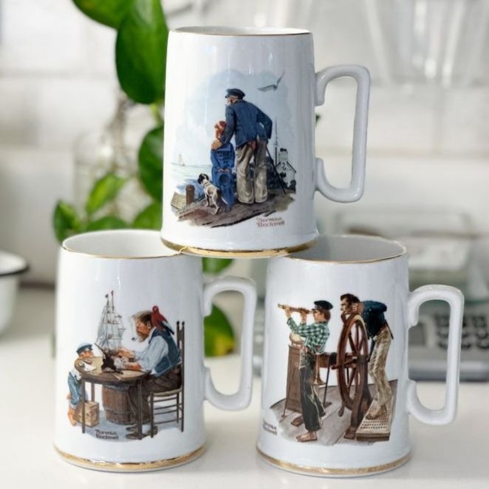 Vintage Set of 3 1985 Norman Rockwell Museum Gold Embossed Mugs